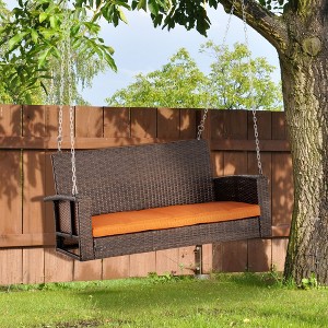 PAGED Wicker Porch Swing Outdoor Swing with Curved Armrests and Thick Seat Cushion for Backyard, Lawn, Garden - 1 of 4