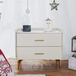 POVISON 20.87-Inch Beige Nightstand with 2 Drawers, Wood Bedside Table,Sintered Stone Tabletop, MDF, Stainless Steel Legs - 1 of 4