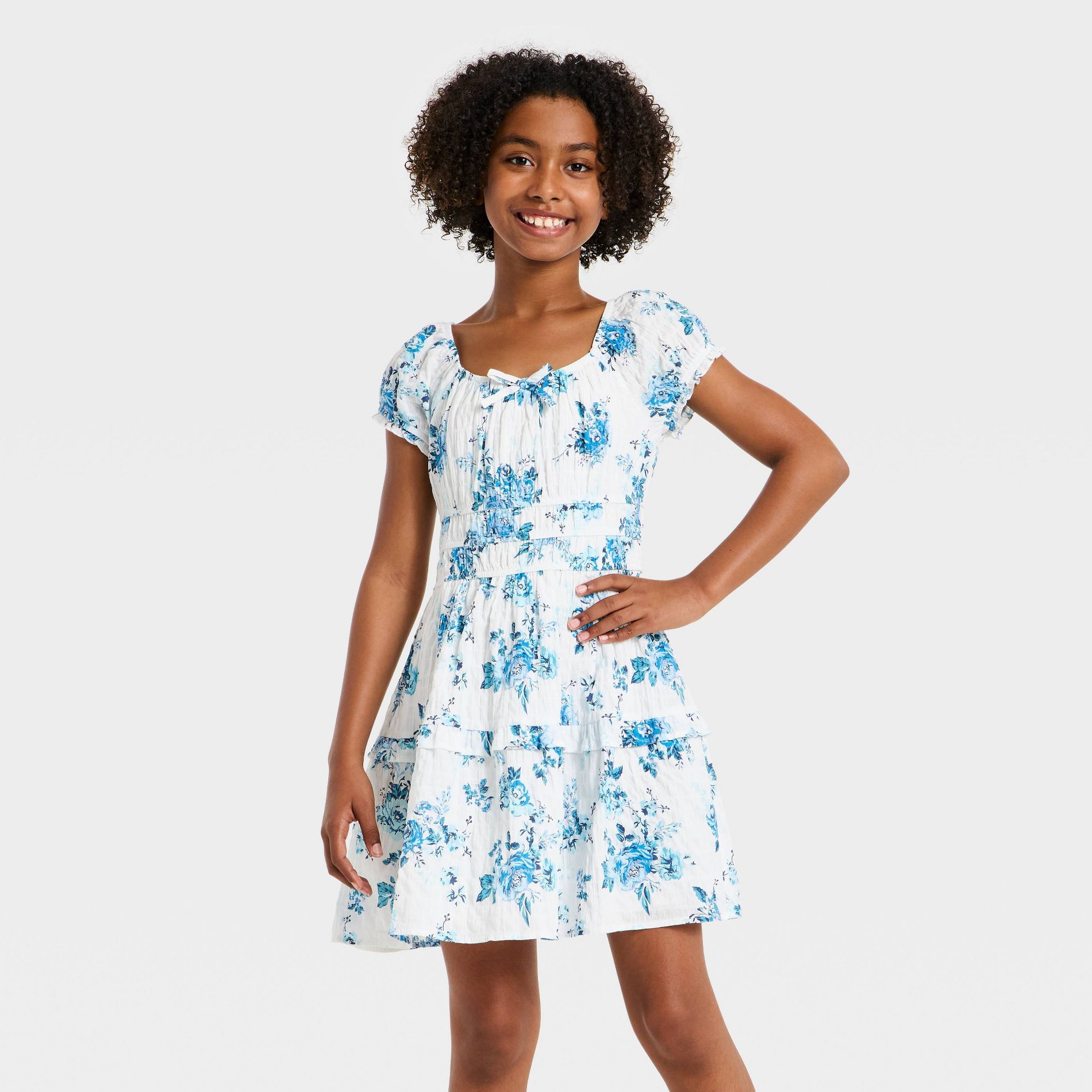 Girls' Puff Sleeve Fit and Flare Floral Dress - art class™ Light Blue