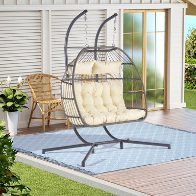 2 Person Hanging Double Swing Chair, Patio Hanging Egg Chair, Basket Swinging Chair, With Stand Patio Wicker Egg Chair,beige