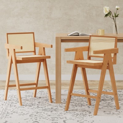 27'' Modern Bar Stool with Cane Seat,Wood Counter Height Barstools with Arm Backrest for Kitchen Island,Dining Room-Tanpinhause