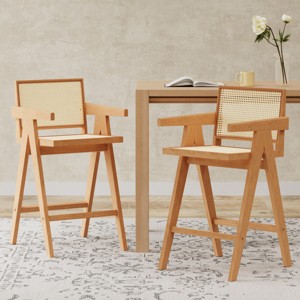 27'' Modern Bar Stool with Cane Seat,Wood Counter Height Barstools with Arm Backrest for Kitchen Island,Dining Room-Tanpinhause - 1 of 4