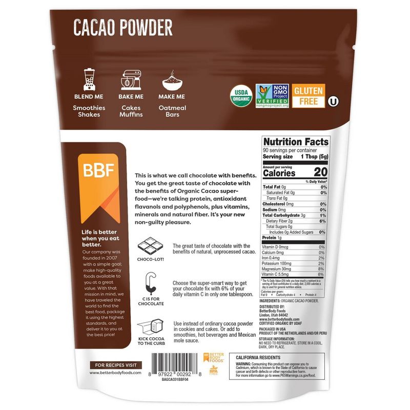 BetterBody Foods Organic Cacao Powder - 16oz, 3 of 9