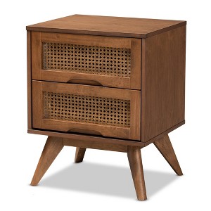Barrett Wood & Synthetic Rattan Nightstand: 2 Drawers, Angled Legs - Baxton Studio - 1 of 4