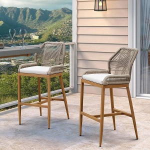 PURPLE LEAF Patio Sunbrella Bar Stools Set of 2 Handwoven Wicker Bar Height Stool Modern Aluminum Outdoor Wicker Barstools with Back and Cushion - 1 of 4