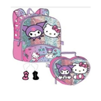Sanrio Hello Kitty and Kuromi School 3PC Backpack, Insulated Detachable Lunch Bag & Keychain
