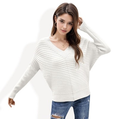 Anna-Kaci Women's Oversized V-Neck Ribbed Knit Sweater with Dolman Sleeves