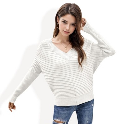 Anna-Kaci Women's Oversized V-Neck Ribbed Knit Sweater with Dolman Sleeves - X Large, White