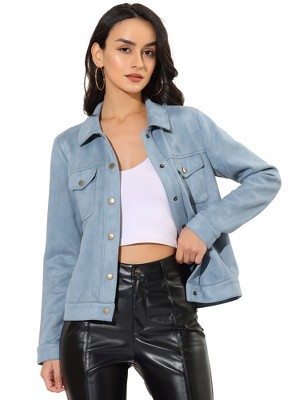 INSPIRE CHIC Women's Turn-Down Collar Flap Pockets Snap Button Faux Suede Jacket
