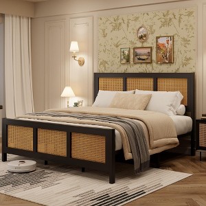 Queen Size Bed Frame with Headboard Bohemian Rattan Platform Bed Frame with Strong Metal Slats Support No Box Spring Needed Noise-Free Design, Black - 1 of 4