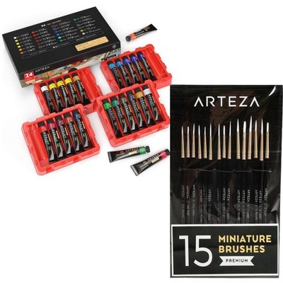 Arteza Paint Art Set - 24 Pack of 12ml Oil Paints and 15 Detailed Paint Brushes Bundle (ARTZ-NBNDL116)