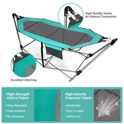 Turquoise Folding Hammock with Iron Stand and Side Pocket