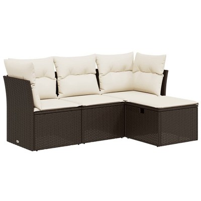 vidaXL Patio Sofa Set with Cushions Outdoor Furniture 4 Piece Poly Rattan - Brown and Cream without Storage