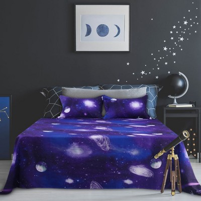 PiccoCasa Polyester Galaxy Stars Pattern Themed Bedding Sheet Sets with 2 Pillowcases 4 Pcs Purple Queen — фото 2