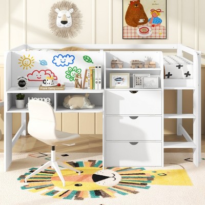 JUJABU Full Size Low Loft Bed with Desk, Cabinets, Bookshelves & Graffiti Whiteboard