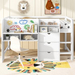 JUJABU Full Size Low Loft Bed with Desk, Cabinets, Bookshelves & Graffiti Whiteboard - 1 of 4