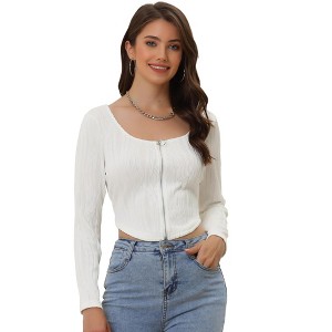 Allegra K Women's Textured Zip Up Fitted Asymmetrical Hem Corset Crop Top - 1 of 4