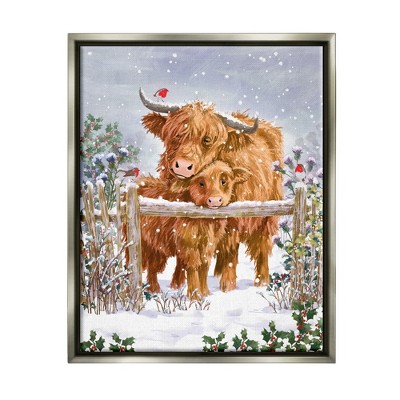 Stupell Industries Winter Cattle Cuddling Snow Scene Framed Floater Canvas Wall Art