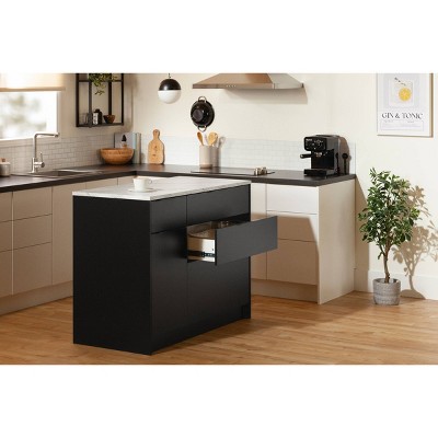 Matte Black and Faux White Marble Kitchen Island with Storage