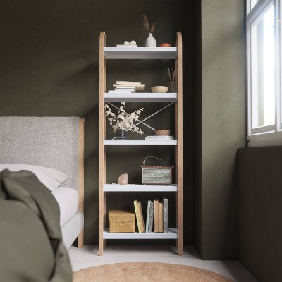 White and Natural Wood 5-Tier Freestanding Shelf