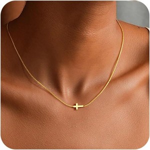 Dainty Cross Pendant Necklace 14K Gold Plated Christian Faith Gift for Teens 03-Sideway Cross - 1 of 4