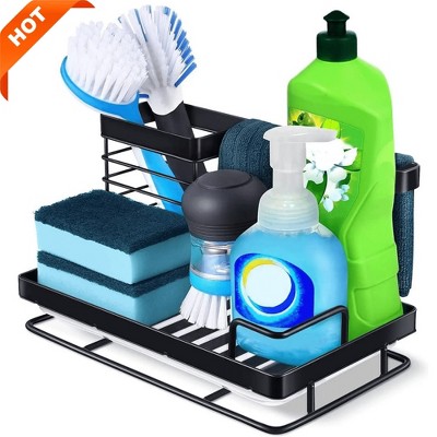 Sevobal Utility Storage Shelves, Kitchen Sink Organizer Sponge Holder with Auto Drain Tray for Kitchen Storage, Black, 9.6"*5.9"*6.5"