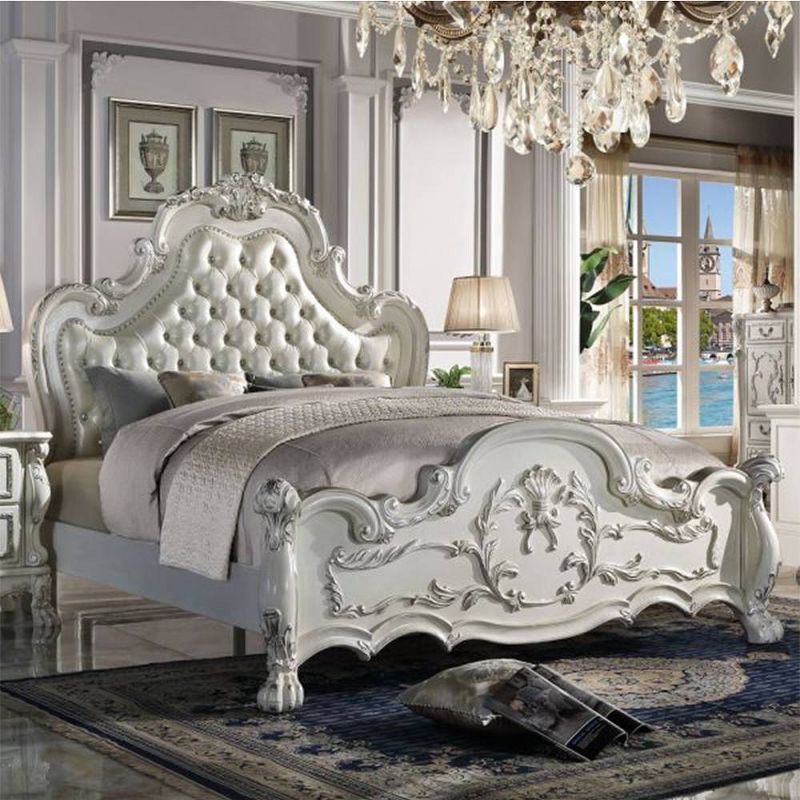 97&#34;California King Bed Dresden Bed Synthetic Leather and Bone White Finish - Acme Furniture, 1 of 10