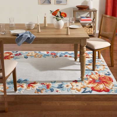 Hibiscus Bloom Border Grey Red Blue Floral Rectangular Rug