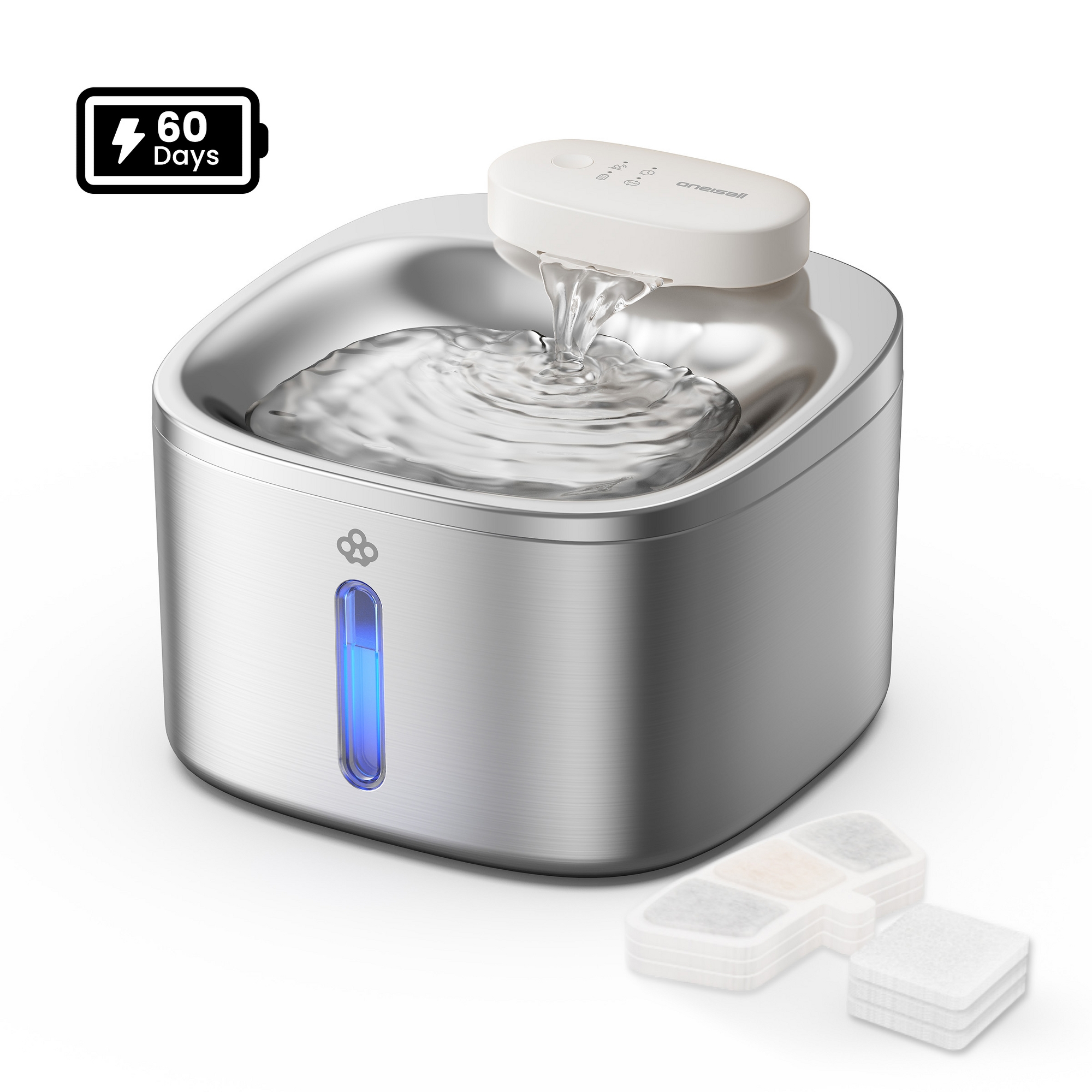 Oneisall PW04 Standard (3 Filters) Wireless Cat Fountain: 3.5L Stainless Steel, Cordless, Rechargeable Pet Water Dispenser, Silver