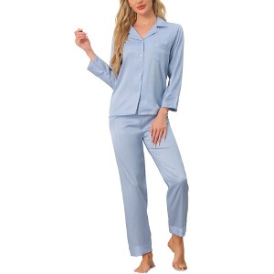 cheibear Women's Satin Loungewear Button Down Long Sleeve with Pants Silky Pajamas Sets - 1 of 4