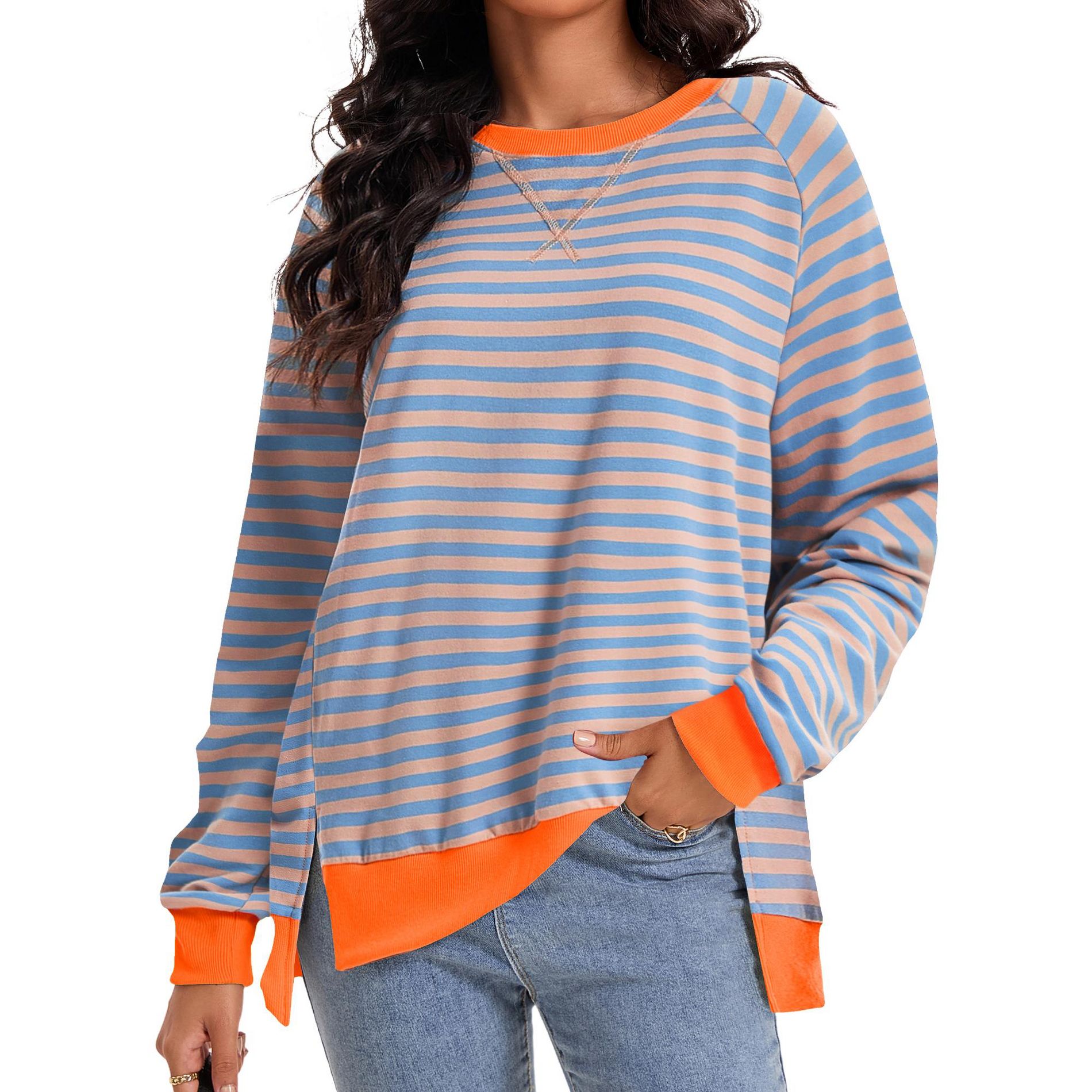ATHLECHIC Women's Split Hem Striped Color Block Crew Neck Casual Loose Oversized Sweatshirt Shirt Tops