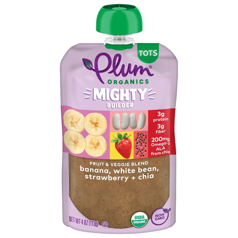 Plum Organics Toddler Food Mighty Builder - Banana White Bean Strawberry Chia - 4oz, 1 of 13