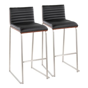 30" Faux Leather Padded Contemporary Barstool with Wood Back and Metal Base for Kitchen Island or Home Bar, Set of 2 - 1 of 4