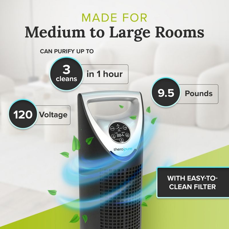 ENVION Therapure TPP540 Medium to Large Room Filter HEPA Air Purifier with 3 Fan Speeds, UV-C Germicidal Light, LED Display, and 24 Hour Timer, Black, 3 of 7