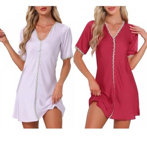INSPIRE CHIC Women's 2 Pcs Floral Satin Sleep Dress A-Line Soft V-Neck Short-Sleeve Loungewear - 1 of 4