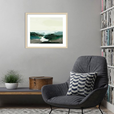 Serene Landscape Abstract Lithograph with Wood Frame, 25 x 21