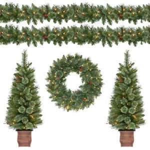 Puleo 5 Piece Pre-Lit Cashmere Artificial Christmas Decor Set Featuring 2 Trees 1 Wreath and 2 Garland - 1 of 4