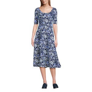 Lands' End Women's Starfish Elbow Sleeve Midi Fit and Flare Dress - X Small  - Deepest Cobalt/Lavender Floral : Target
