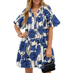 Imily Bela Women's Summer Button Down Dress Beach Mini Dress Floral Print Puff Short Sleeve Blue L