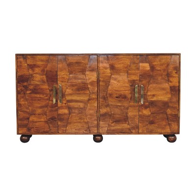 HomeRoots 36" Chestnut Solid Wood Carved Geometric Accent Cabinet With Four Doors