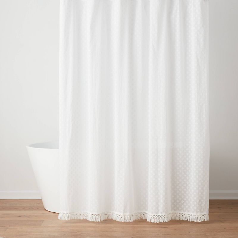 Textured Crochet Trim Shower Curtain White - Threshold&#8482;, 1 of 6