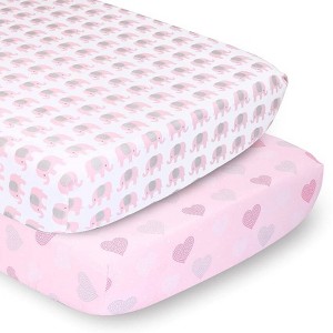 The Peanutshell Fitted Crib Sheets - Elephant and Pink Hearts - 2pk - 1 of 4