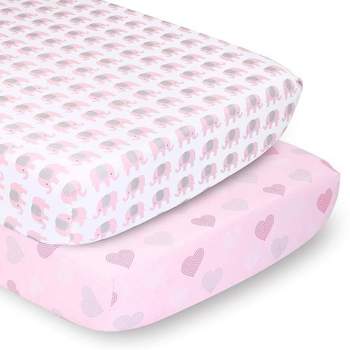 The Peanutshell Fitted Crib Sheets - Elephant and Pink Hearts - 2pk
