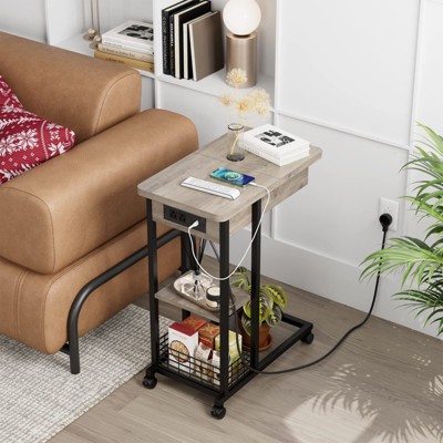 C-Shaped Side Table with Charging Station, Flip Top End Table with USB Ports and Outlets