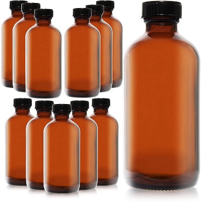 Amber Boston Round Glass Bottles with Black Poly Cap (8 oz, 12-Pack)