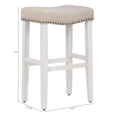 29" Beige Linen Upholstered Wooden Saddle Barstool