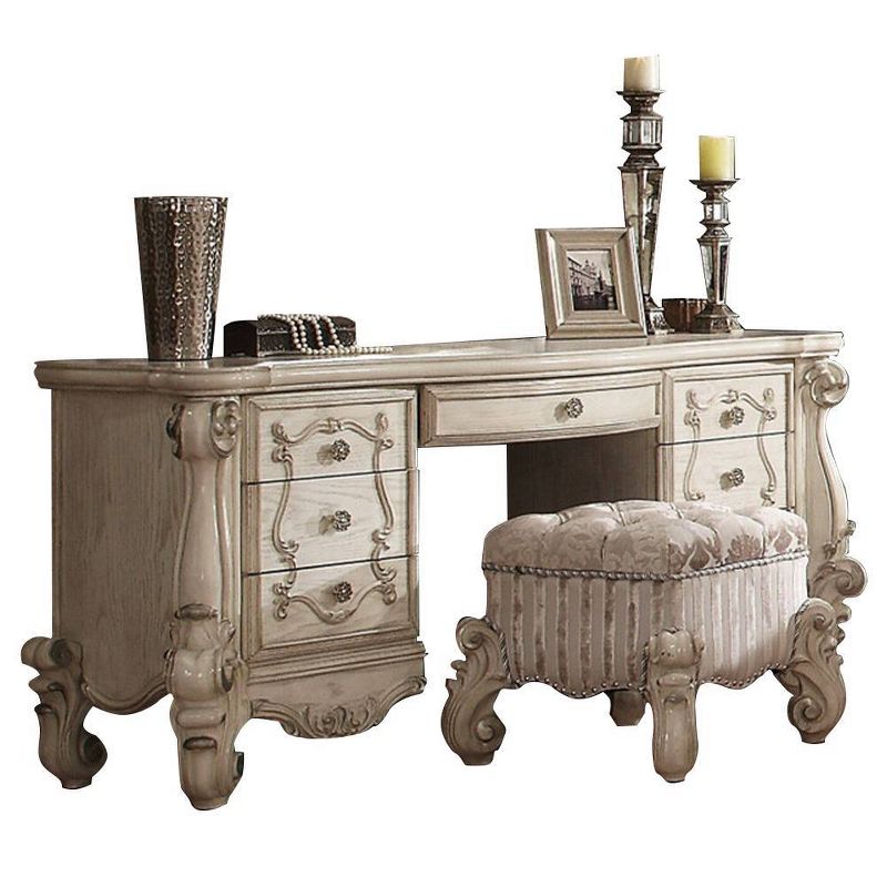 65&#34; Vendome Vanity Table Beige Synthetic Leather and Antique Silver Finish - Acme Furniture, 5 of 6