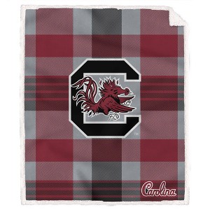 NCAA South Carolina Gamecocks Plaid Steel Royal Plush Faux Shearling Blanket - 1 of 3