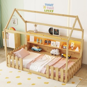 KIGFTSOD Twin Size House Bed with LED Light, Wood House Bed with Storage Bookshelf, Floor House Bed with Guardrails for Kids - 1 of 4
