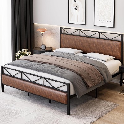 Bed Frame with Headboard, Industrial Platform Upholstered King Bed Frame with 14 Strong Metal Slats Support, 11'' Under-Bed Storage, Brown